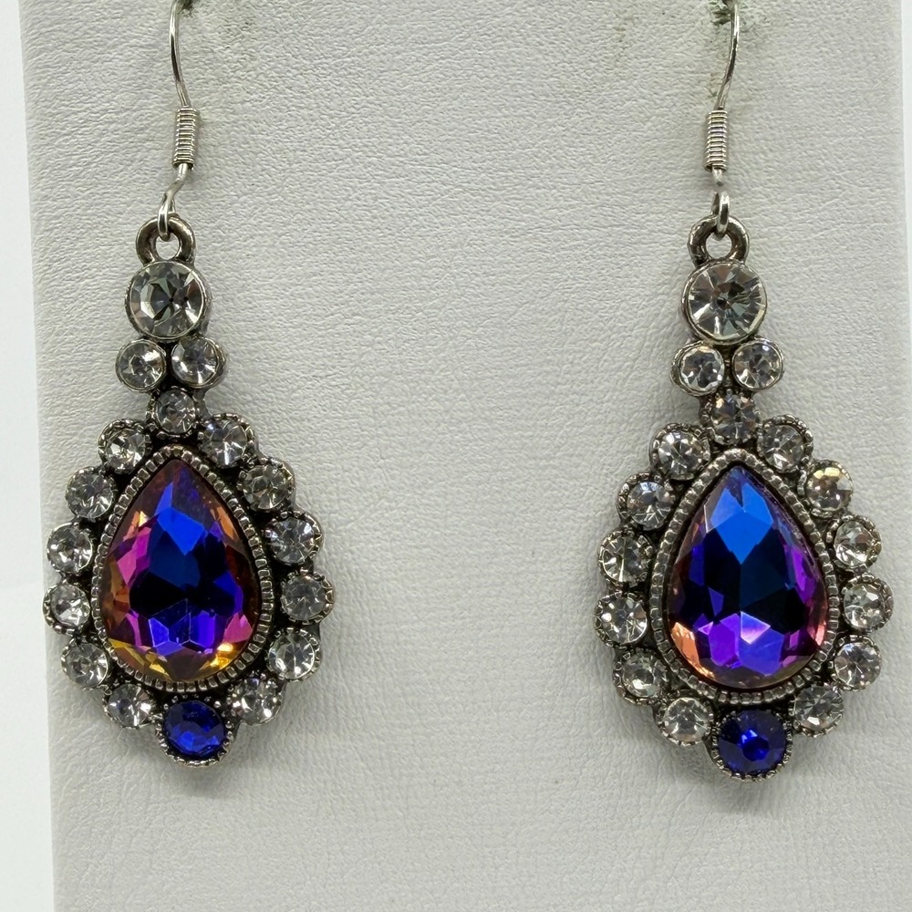 Statement Teardrop Earring Iridescent Crystal Dangle Silver Tone Boho Party Gift
